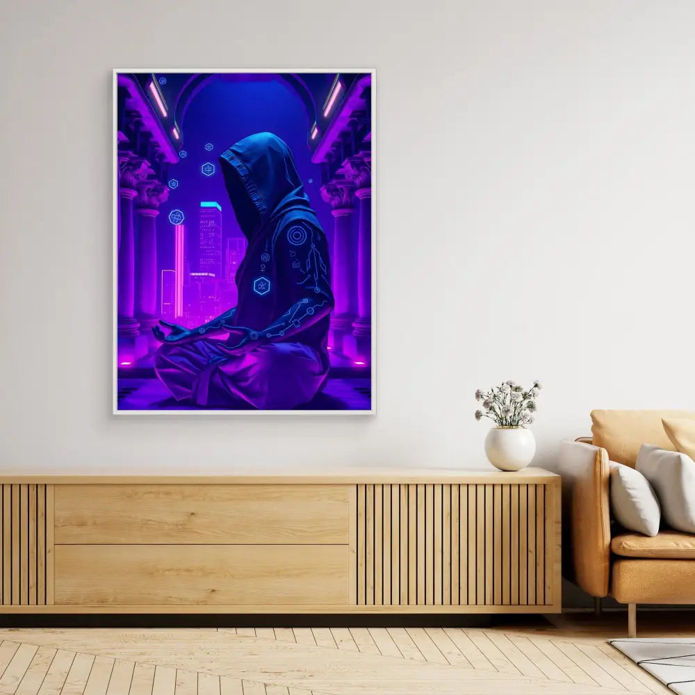 A hooded figure in cyberpunk-style artwork with neon purple and blue tones.