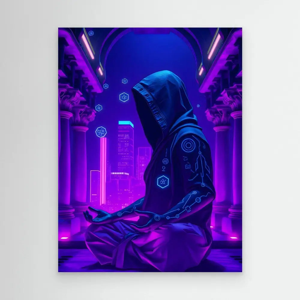 Hooded figure in cyberpunk style with glowing geometric patterns and neon blue accents.