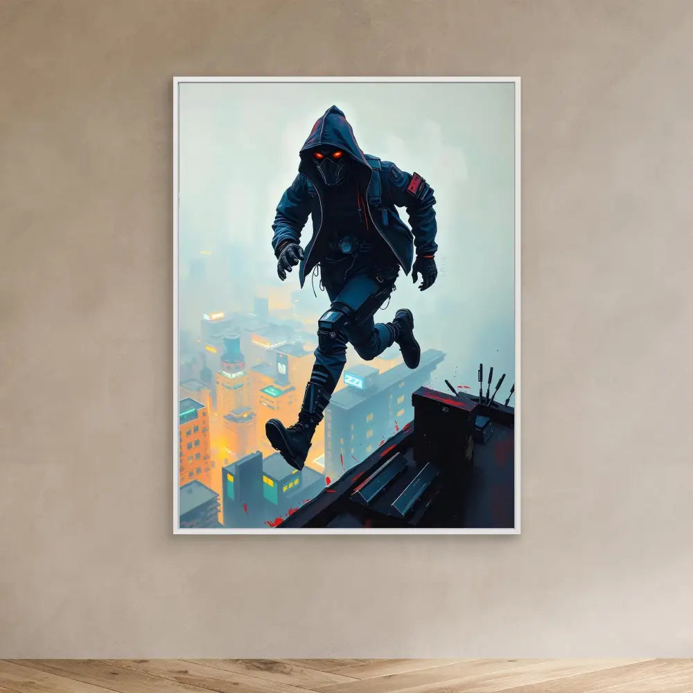 A hooded figure in dark clothing leaping across rooftops with glowing red eyes.