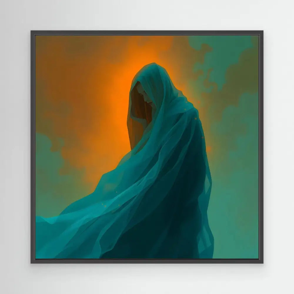 A hooded figure draped in flowing turquoise fabric.