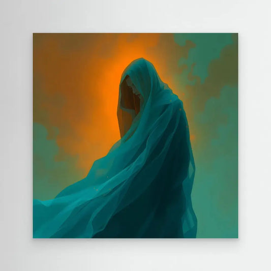 Hooded figure draped in flowing turquoise fabric.