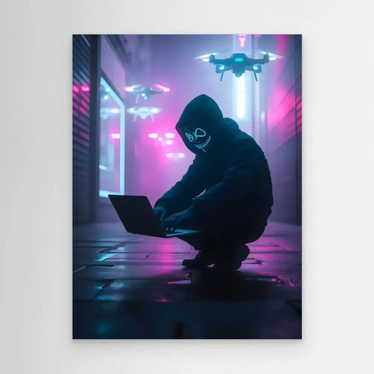 Hooded figure crouching with a laptop while drones hover overhead.