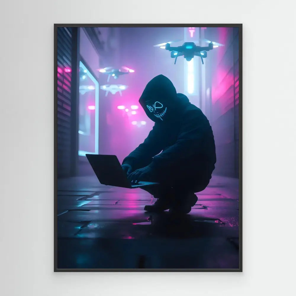 Hooded figure crouching with a laptop while drones hover above.