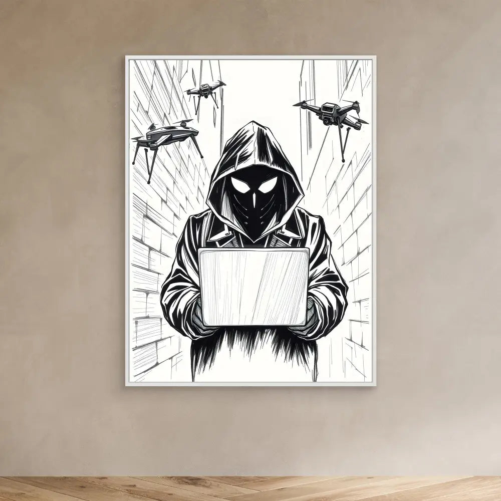 Hooded figure holding a laptop with surveillance drones hovering nearby.