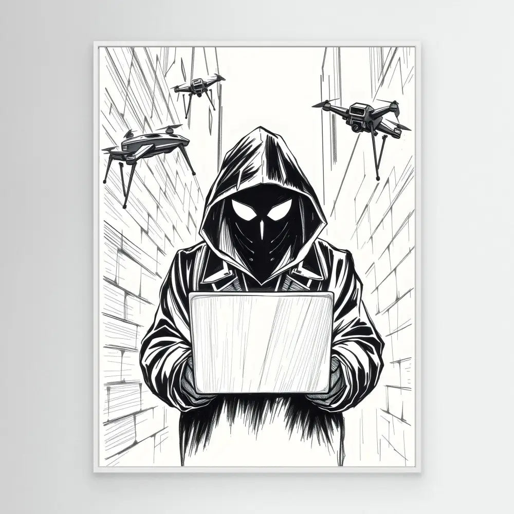 A hooded figure holding a laptop with surveillance drones hovering above.