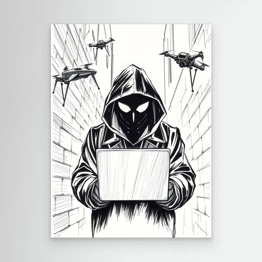 Hooded figure holding a laptop with surveillance drones hovering above.