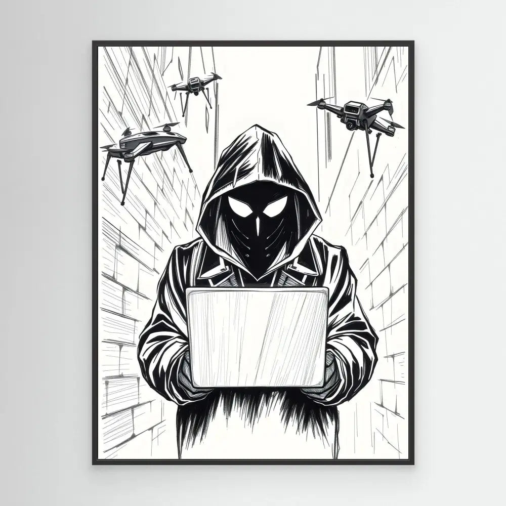 Hooded figure holding a laptop with surveillance drones hovering above.