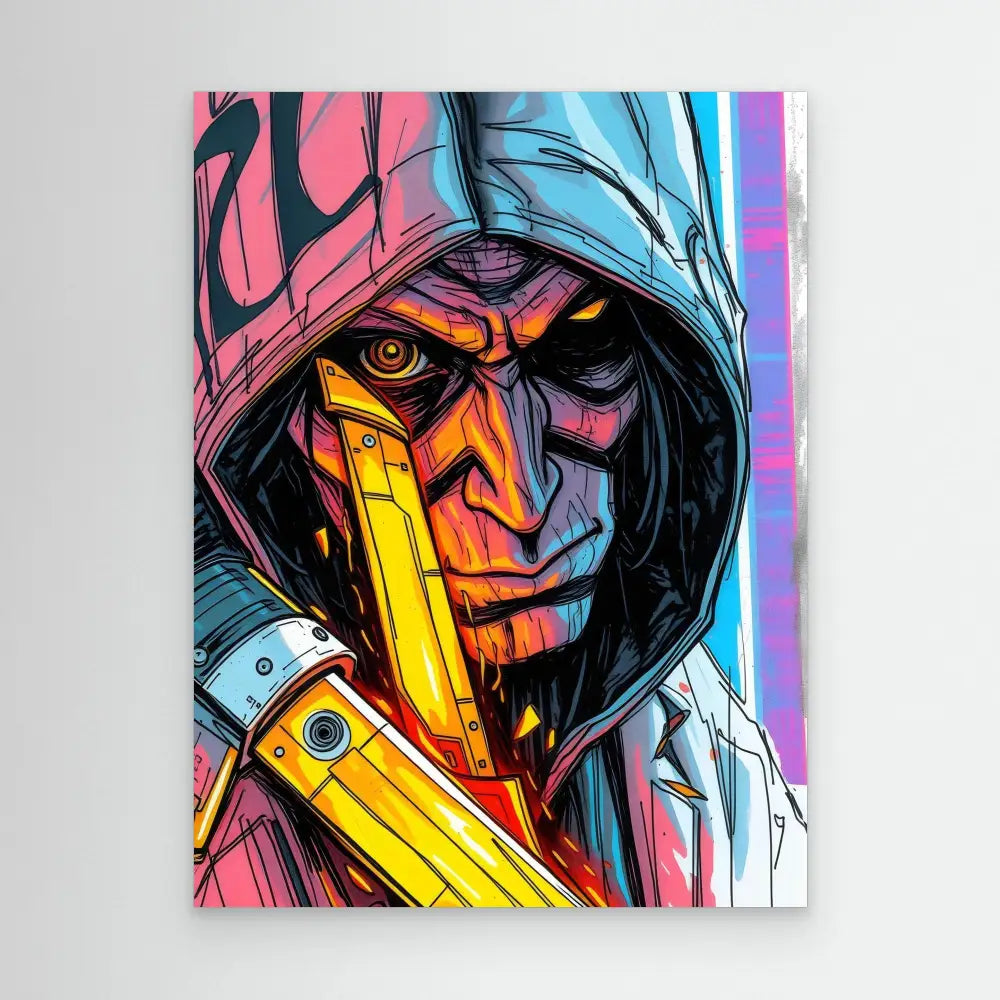 Hooded figure with glowing orange face and yellow cybernetic enhancements in vibrant neon art style.