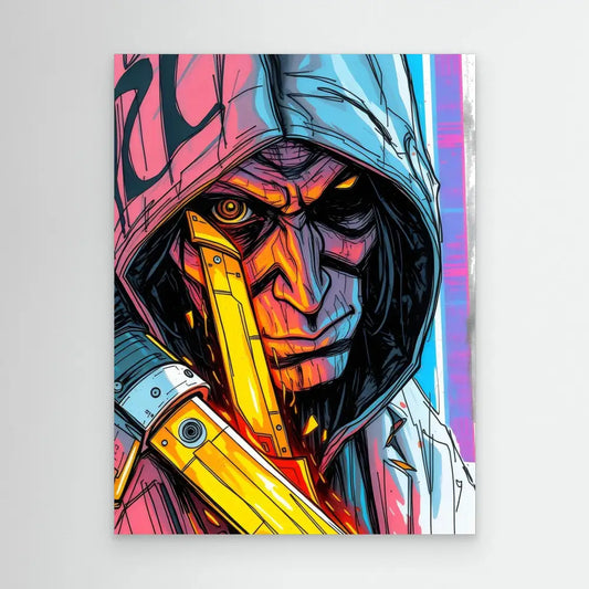 Hooded figure with glowing orange face and yellow cybernetic enhancements in vibrant neon art style.