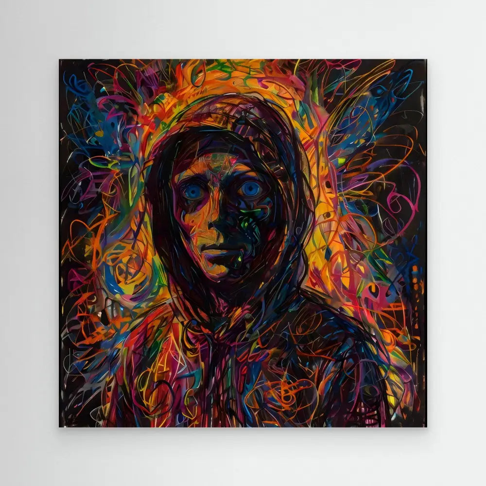 A hooded figure painted in vibrant, swirling colors and energetic brushstrokes.