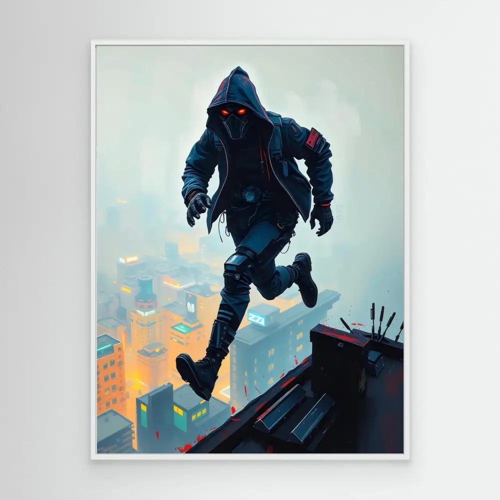 A hooded figure with glowing red eyes leaping across rooftops.