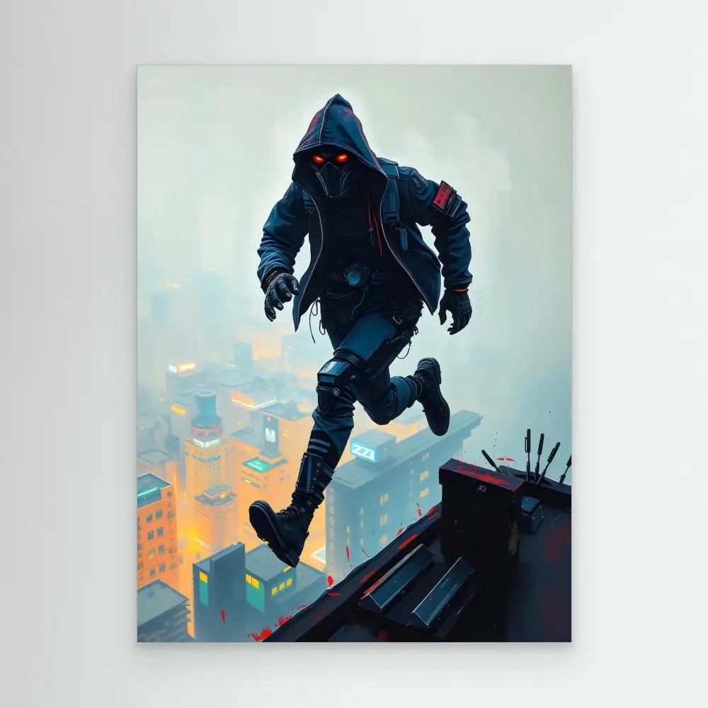 A hooded figure with glowing red eyes running across rooftops.