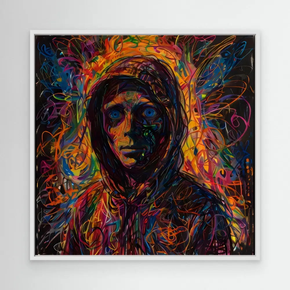 A hooded figure rendered in vibrant, swirling brushstrokes of multicolored paint.