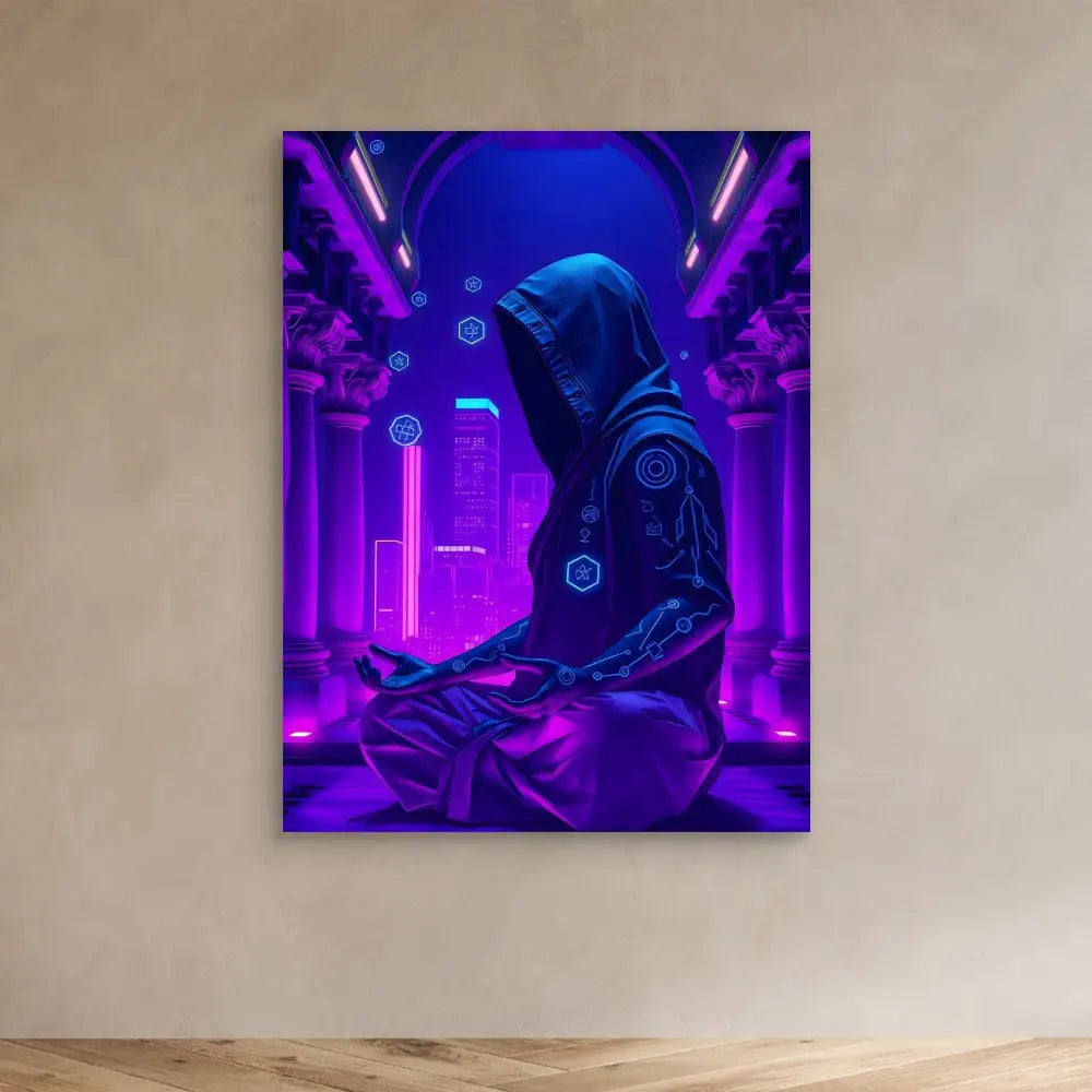 A hooded figure sits cross-legged amid purple neon lighting and floating geometric symbols.