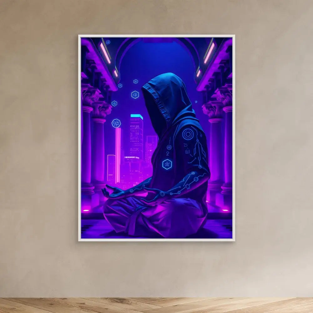 A hooded figure sits in meditation surrounded by neon purple cyberpunk elements.