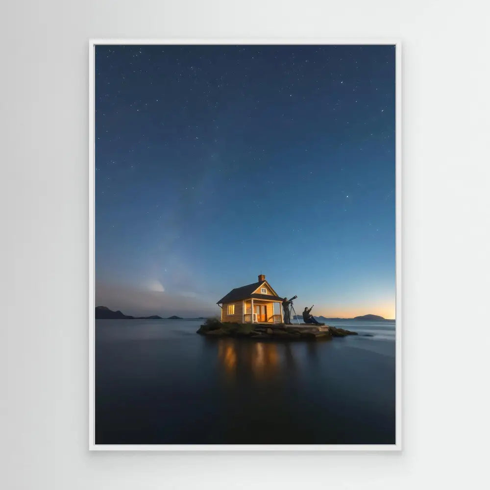 Illuminated cabin perched on a tiny rocky island.