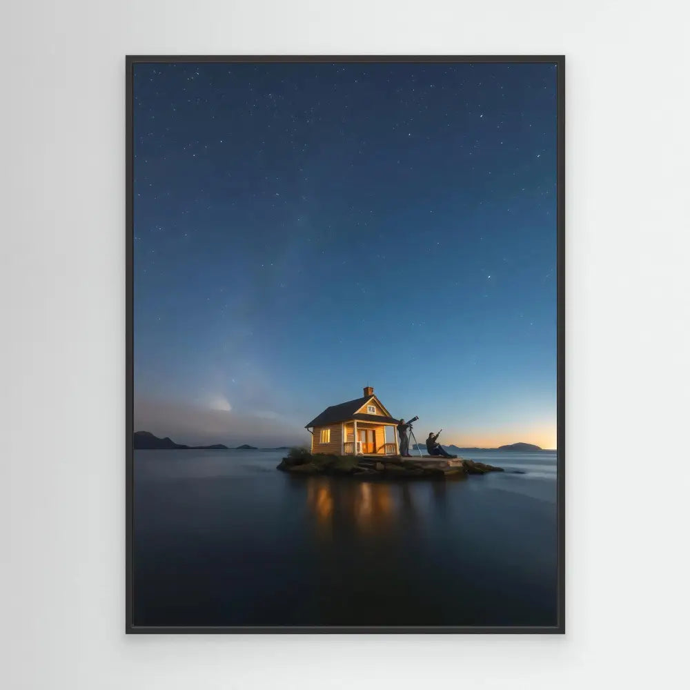 Illuminated cabin sits alone on a tiny island.