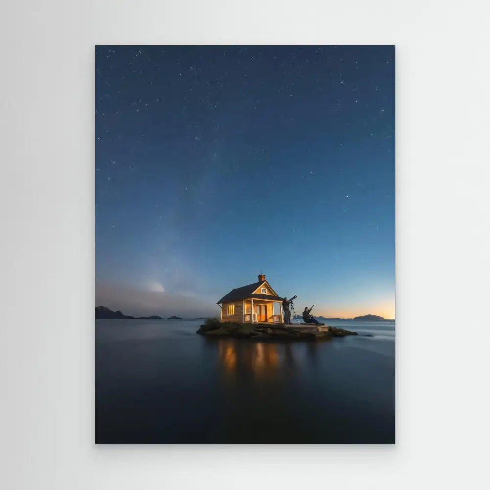 Illuminated cabin on a tiny island in calm waters.