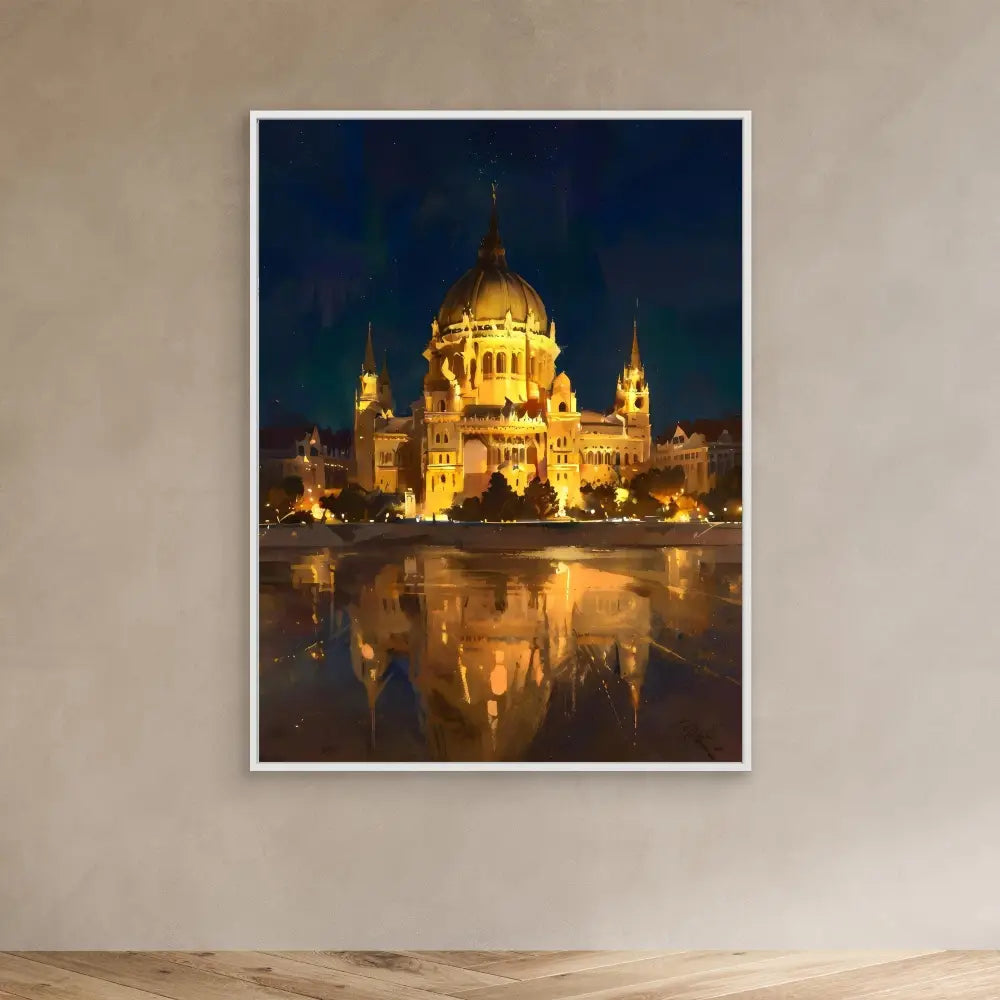 Illuminated domed cathedral with golden lights reflecting in water at night.