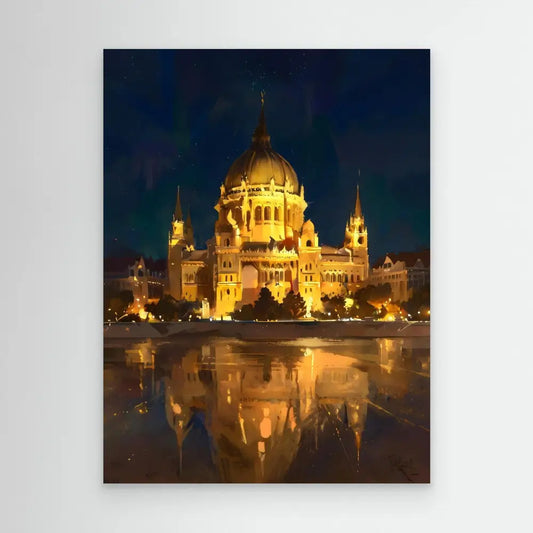 Illuminated Hungarian Parliament Building reflecting in water at night.