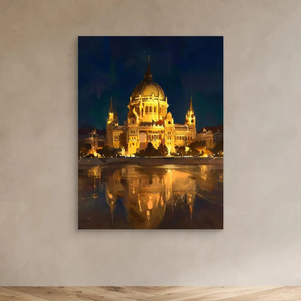 Illuminated palace with domed architecture reflecting in water at night.