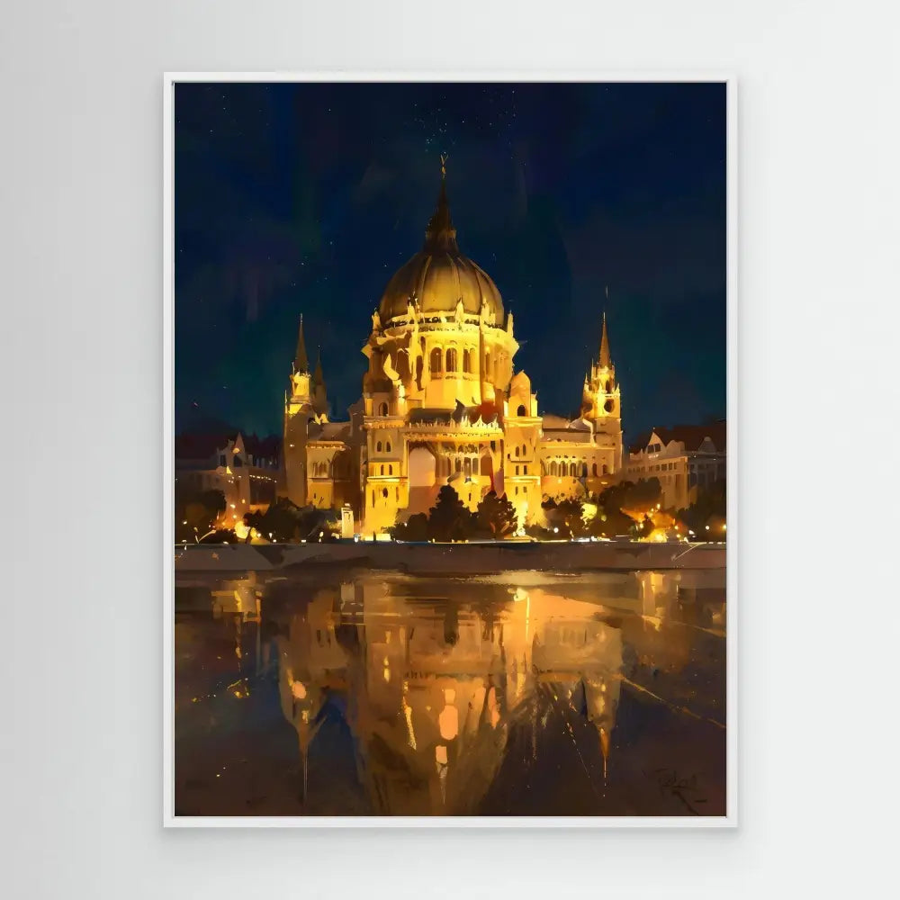 Illuminated palace with a golden dome and twin spires reflecting in water at night.