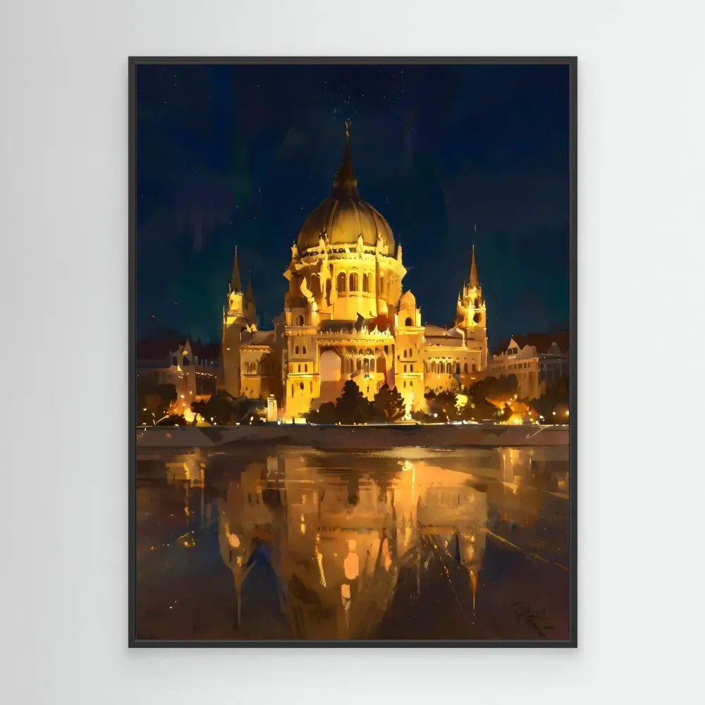 Illuminated palace with golden domes and spires reflected in water at night.