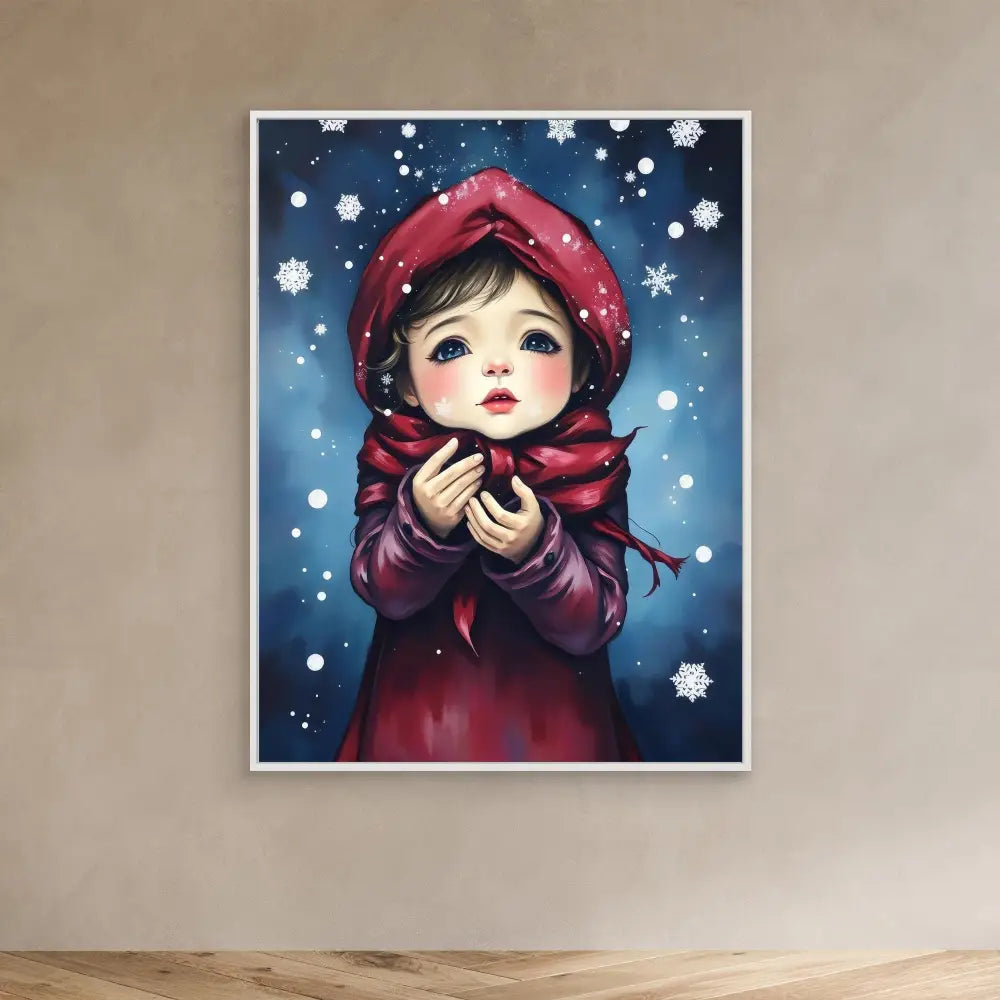 Illustration of a child in a red winter coat and hood catching snowflakes.