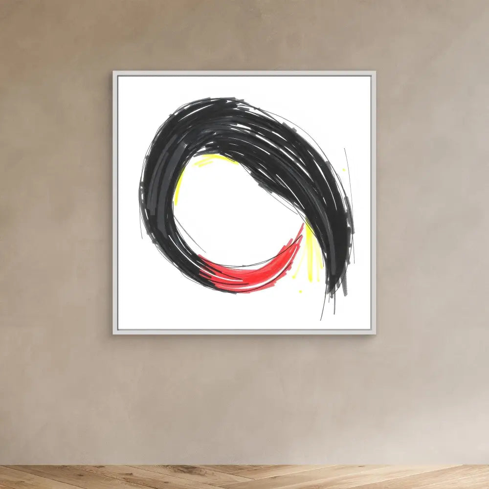 Incomplete black circle with red and yellow accents painted in brushstrokes.