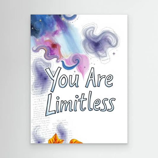 Inspirational artwork featuring ’You Are Limitless’ text with watercolor swirls in purple and pink tones.