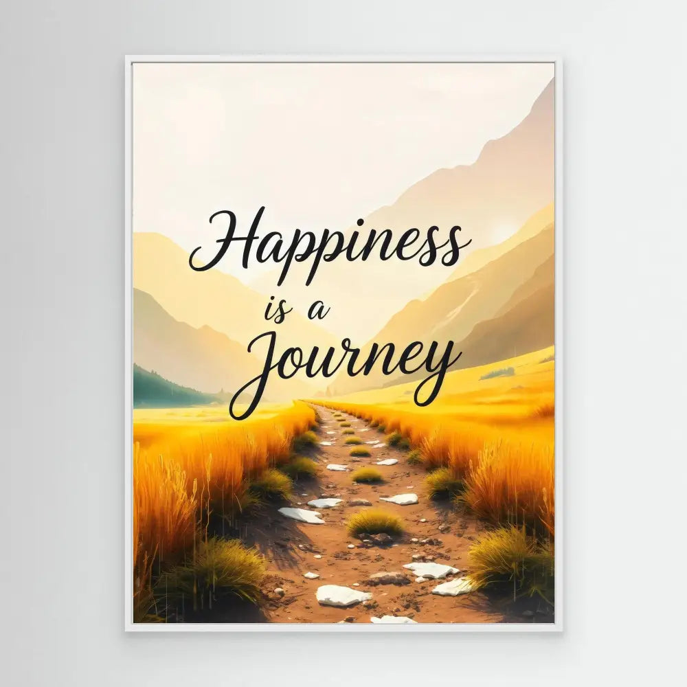 Inspirational artwork featuring a winding path through golden fields with text reading ’Happiness is a Journey’