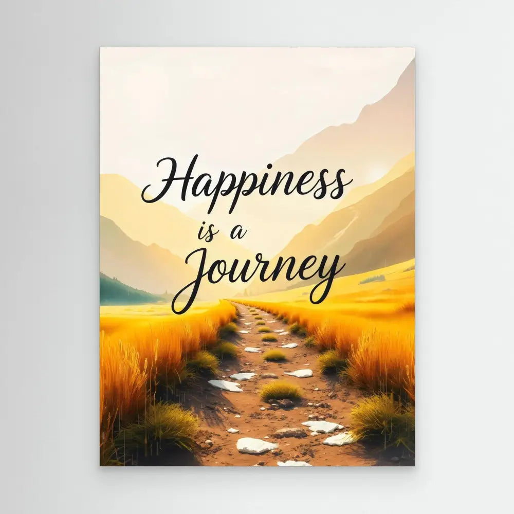 Inspirational artwork featuring the text ’Happiness is a Journey’ over a painted nature path through golden fields.