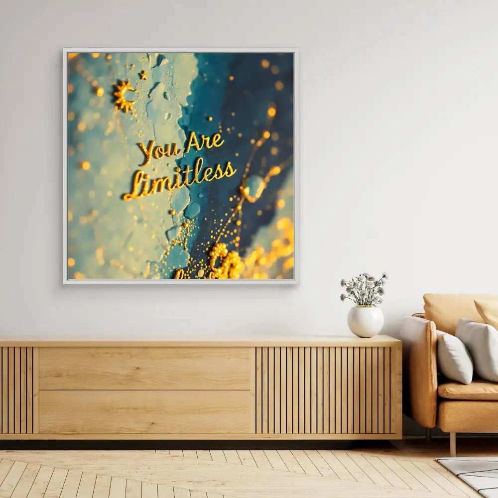 Inspirational wall art featuring yellow text ’You Are Limitless’ on a dreamy teal background with bokeh effects.