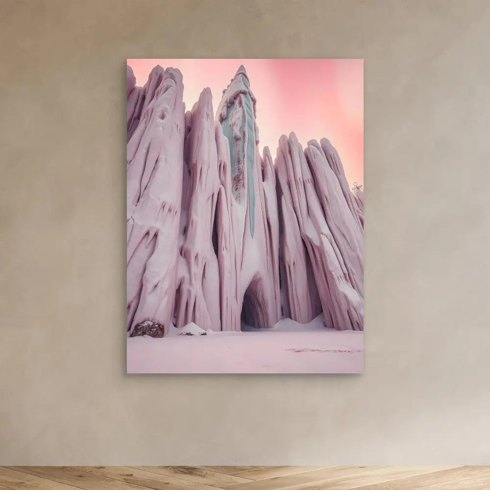 Jagged rock formations with a subtle blue waterfall streak against a pink-tinted sky.