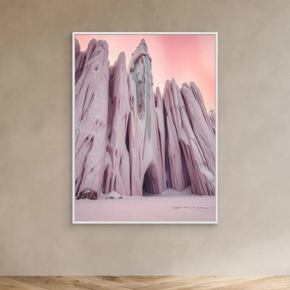 Jagged rock formations with vertical ridges in muted purple tones.