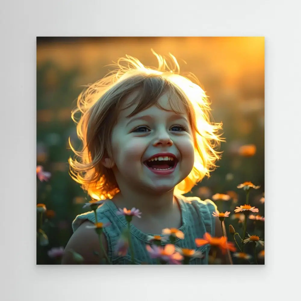 A joyful child laughing in golden sunlight.