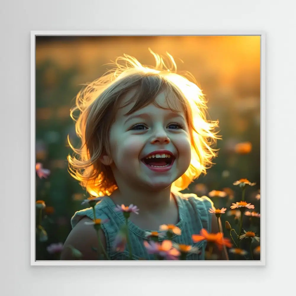 A joyful child laughing in golden sunlight among wildflowers.