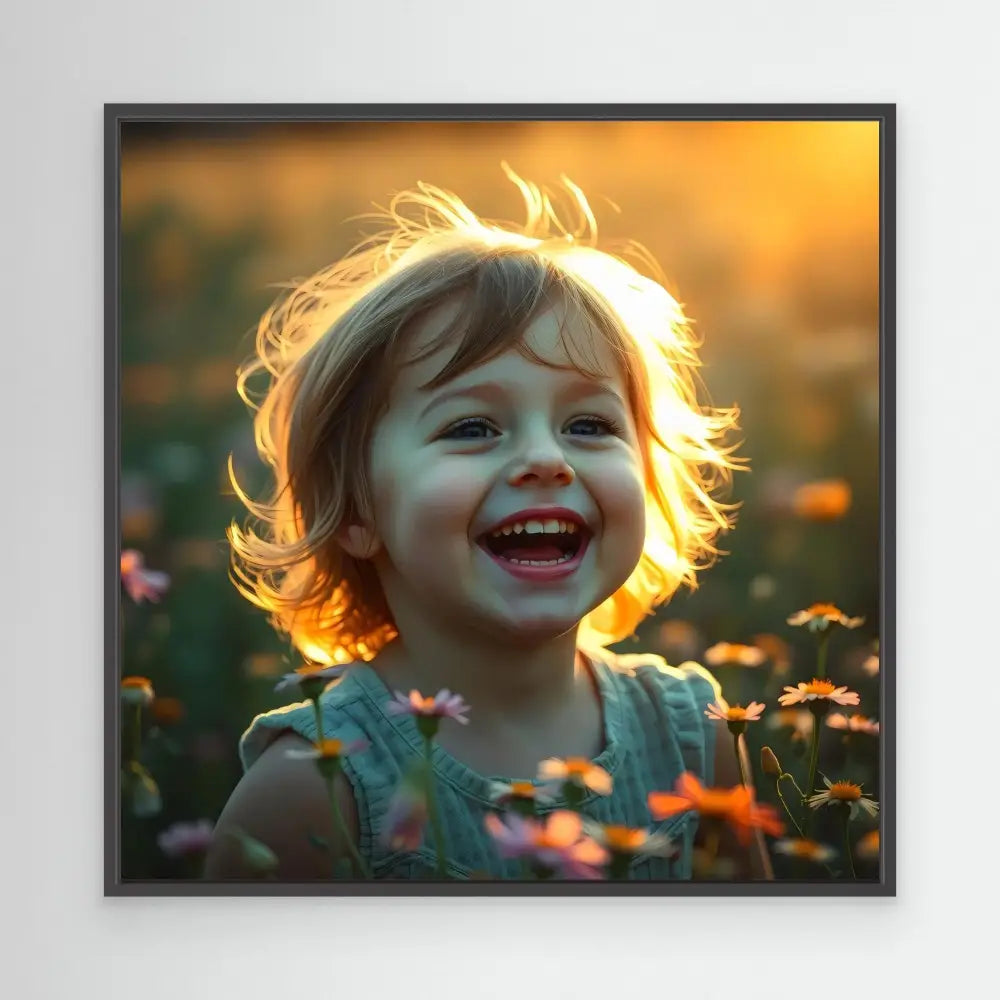 A joyful child laughing in golden sunlight among flowers.