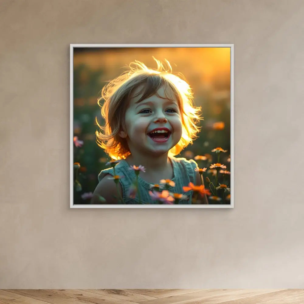 A joyful child laughing in golden sunlight among flowers.