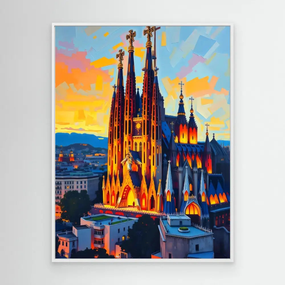 La Sagrada Familia basilica illuminated at sunset in Barcelona.