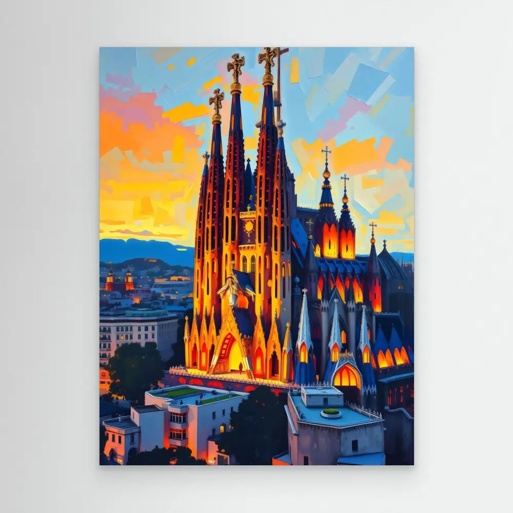 La Sagrada Familia cathedral illuminated at sunset in Barcelona.