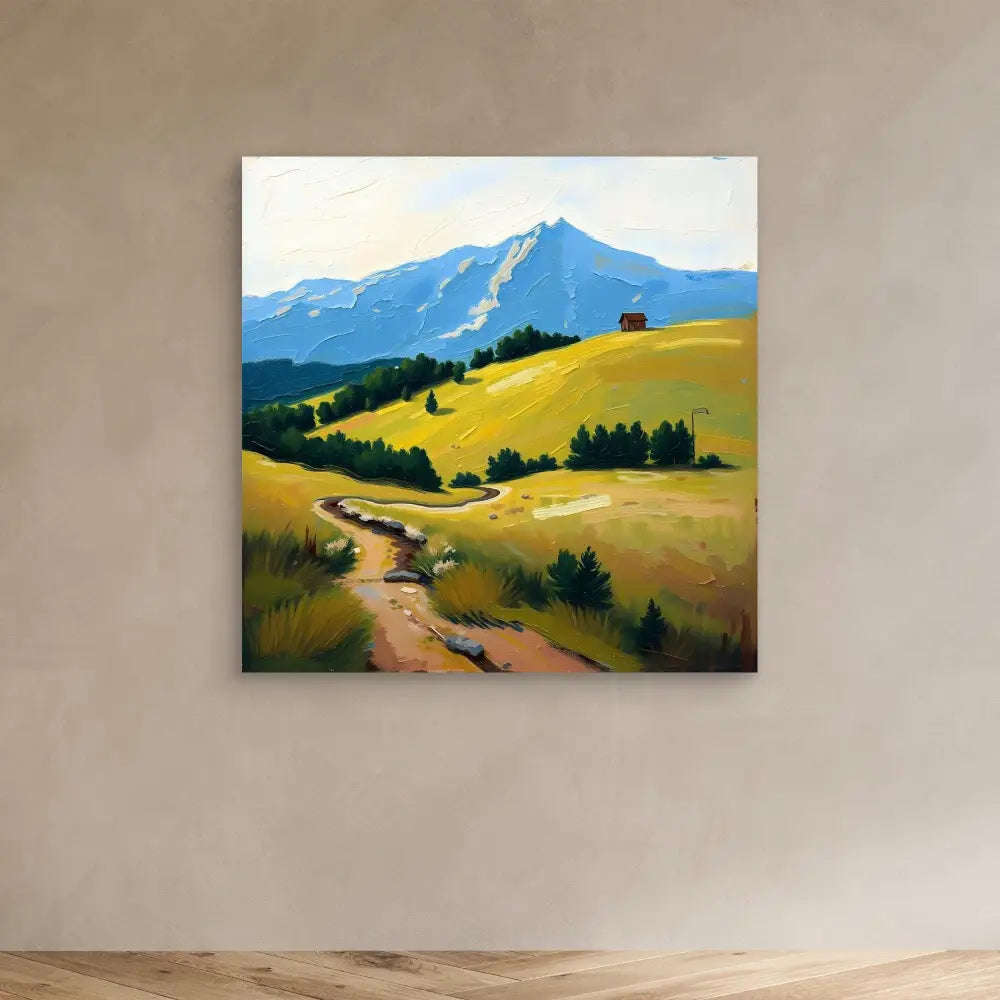 A landscape painting featuring golden hills, a winding dirt path, and snow-capped mountains.