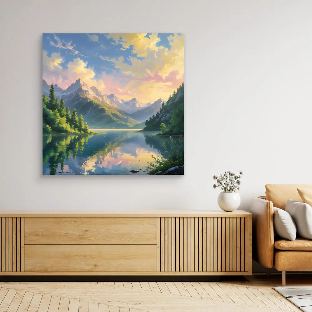 A landscape painting of a mountain lake surrounded by evergreen forests at sunset.