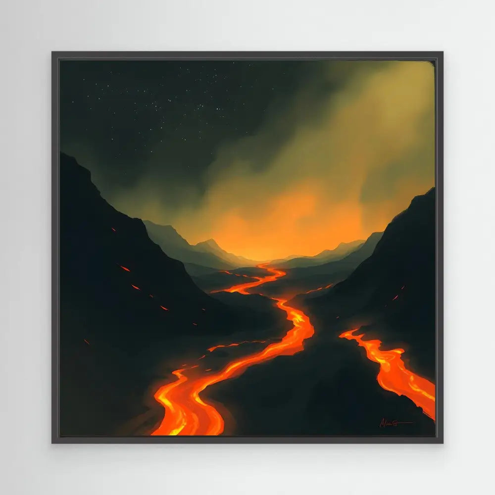 Glowing lava flows winding through a dark mountain valley.