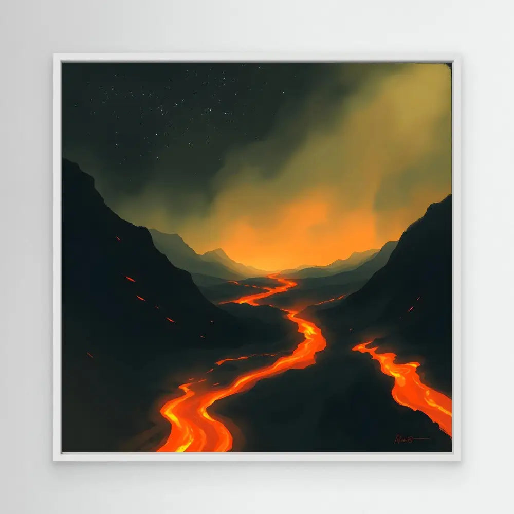 Glowing lava flows winding through a dark mountainous valley.