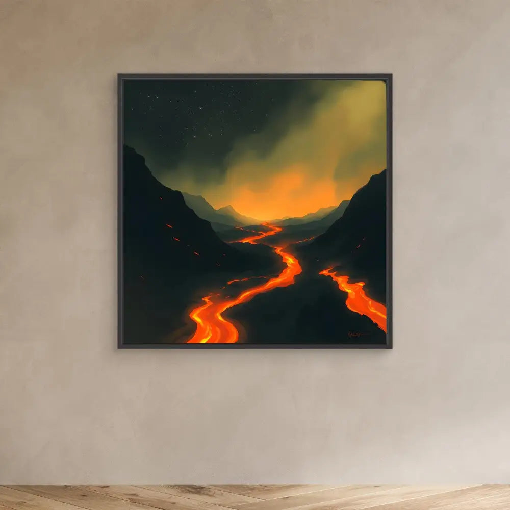 A glowing lava river winding through dark mountains beneath a smoky orange sky.