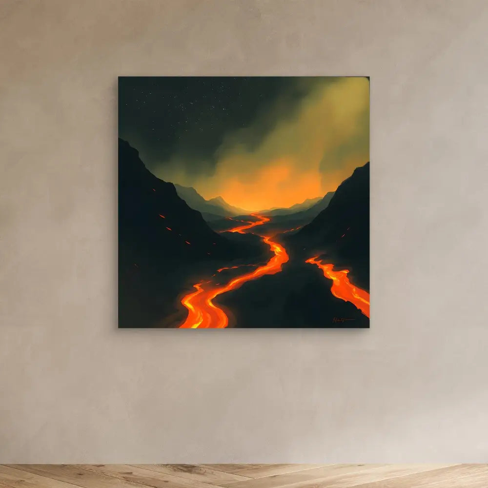 Glowing lava river flowing between dark mountains under a moody sky.