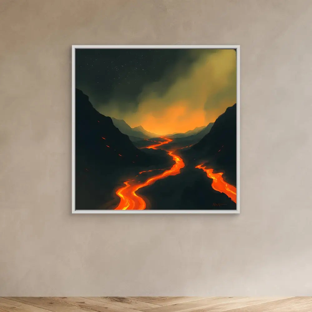 Glowing lava rivers flow through a dark mountainous valley at sunset.