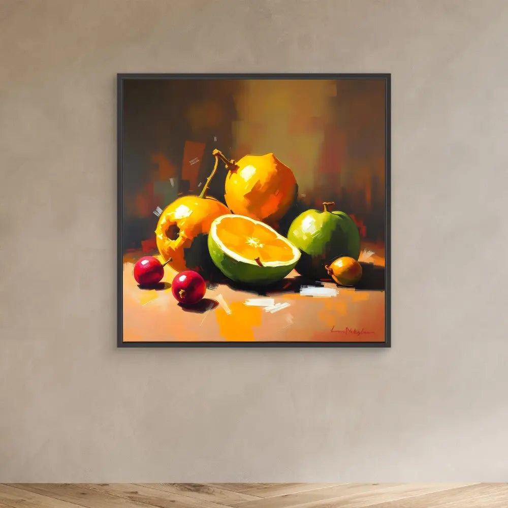 A still life painting of colorful fruits including oranges, apples, and cherries.