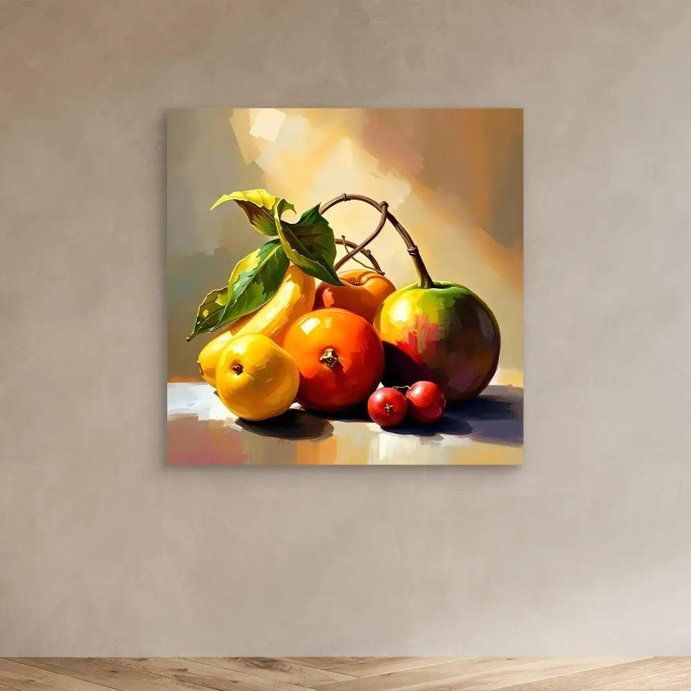 A still life painting of fresh citrus fruits, an apple, and cherries with green leaves.